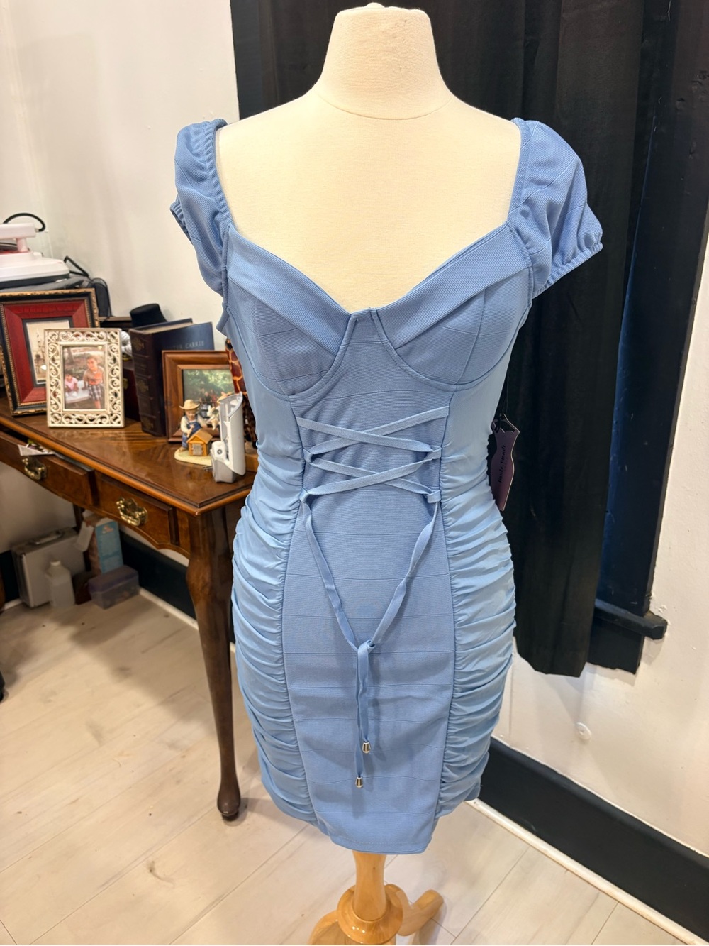 Emerald Sundae Powder Blue Corset-Style Ruched Midi Dress